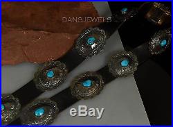 Old Pawn Vintage Navajo TURQUOISE Sterling Silver with Leather 45 CONCHO BELT