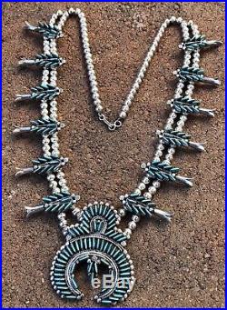 Old Pawn ZUNI Sterling Silver & Turquoise Needlepoint SQUASH BLOSSOM Necklace