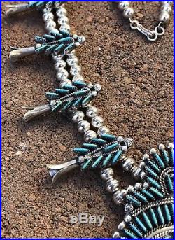 Old Pawn ZUNI Sterling Silver & Turquoise Needlepoint SQUASH BLOSSOM Necklace