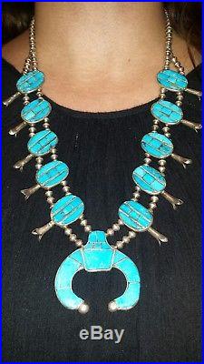 Old Pawn Zuni High Grade Turquoise & Sterling Silver Squash Blossom Necklace