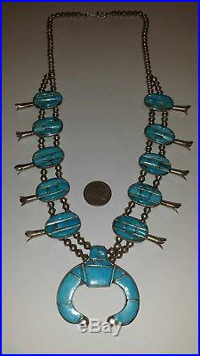 Old Pawn Zuni High Grade Turquoise & Sterling Silver Squash Blossom Necklace