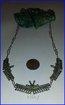Old Pawn Zuni Made Needlepoint Turquoise & Sterling Silver Necklace17LSigned