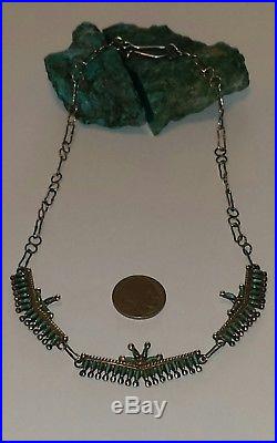 Old Pawn Zuni Made Needlepoint Turquoise & Sterling Silver Necklace17LSigned