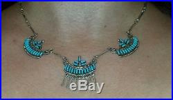 Old Pawn Zuni Needlepoint Turquoise & Sterling Silver Necklace17.5LSigned FB