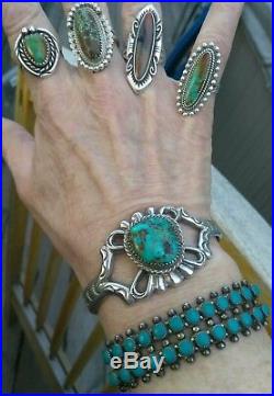 Old Pawn Zuni Petite Point 2 Row Turquoise & Sterling Silver Cuff Bracelet6.5