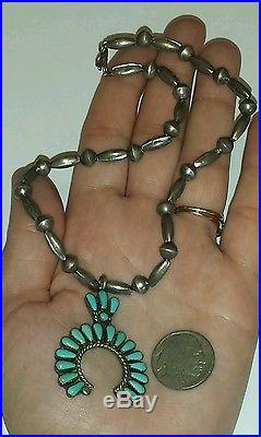 Old Pawn Zuni Petite Point Turquoise & Sterling Silver Squash Blossom Necklace