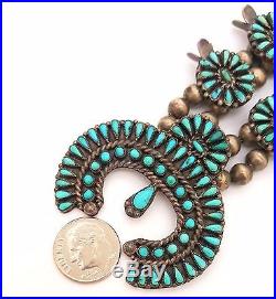 Old Pawn Zuni Sterling Silver Fine Petit Point Turquoise Squash Blossom Necklace