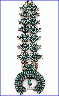 Old Pawn Zuni Sterling Silver Fine Petit Point Turquoise Squash Blossom Necklace