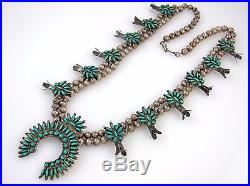 Old Pawn Zuni Sterling Silver Needlepoint Turquoise Squash Blossom Necklace RS