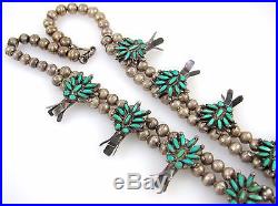 Old Pawn Zuni Sterling Silver Needlepoint Turquoise Squash Blossom Necklace RS