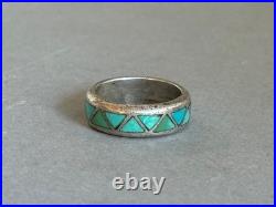 Old Pawn Zuni Sterling Silver with Inlaid Turquoise Wedding Band Ring. Size 10 Old Pawn Zuni Sterling Silver with Inlaid Turquoise Wedding Band Ring. Size 10