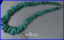Old Pawn vtg Navajo VIVID BLUE GREEN TURQUOISE Nugget Sterling Silver NECKLACE