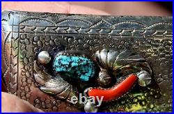 Old Raymond Henry Yazzie Navajo Sterling Silver & Turquoise & Coral Belt Buckle