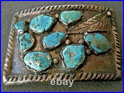 Old Southwestern Native American Turquoise Cluster Sterling Silver Cast Buckle