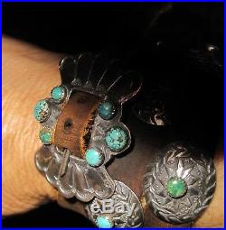 Old Stone Turquoise Concho Leather Bracelet Handmade for Ralph Lauren / 1980s