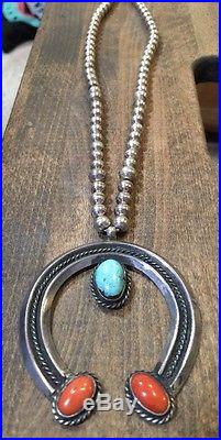 Old Turquoise Coral Sterling Silver Squash Blossom Navajo Dime Beads Necklace