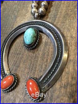 Old Turquoise Coral Sterling Silver Squash Blossom Navajo Dime Beads Necklace