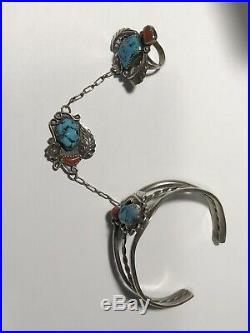 Old Vintage Pawn Sterling Silver Turquoise Coral Slave Cuff Bracelet Ring Navajo