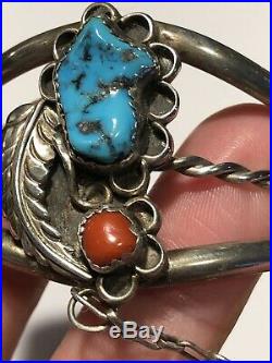 Old Vintage Pawn Sterling Silver Turquoise Coral Slave Cuff Bracelet Ring Navajo