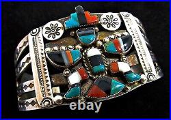 Old Vintage Zuni Turquoise Knifewing Sterling Silver Kachina Inlay Cuff Bracelet