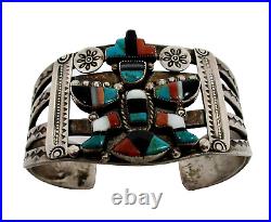 Old Vintage Zuni Turquoise Knifewing Sterling Silver Kachina Inlay Cuff Bracelet