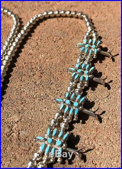 Old ZUNI Sterling Silver Turquoise Needlepoint SQUASH BLOSSOM Necklace 26.5