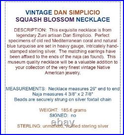 Old Zuni DAN SIMPLICIO Sterling Silver TURQUOISE CORAL Squash Blossom Necklace