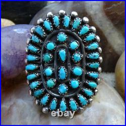 Old Zuni Oval Petit Point Turquoise Cluster Rosette Ring Sze 7.5 Sterling Silver