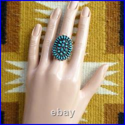 Old Zuni Oval Petit Point Turquoise Cluster Rosette Ring Sze 7.5 Sterling Silver