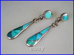 Old Zuni Sterling Silver & Channel Inlay Turquoise Dangle Earrings
