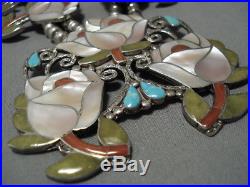 One Of Best Vintage Zuni Turquoise Inlay Sterling Silver Squash Blossom Necklace