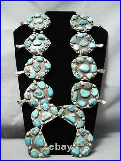 One Of Biggest Vintage Navajo Turquoise Sterling Silver Squash Blossom Necklace