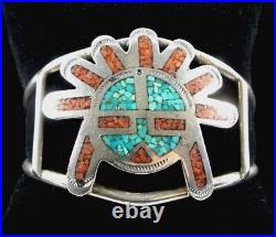 Ortega Shop Hmij Sterling Cuff Bracelet Sunface Kachina Turquoise Coral Inlay