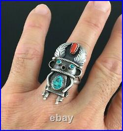 Orville Manygoats Native American Navajo Silver Turquoise & Coral Kachina Ring