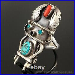 Orville Manygoats Native American Navajo Silver Turquoise & Coral Kachina Ring