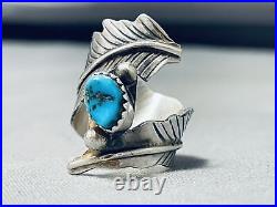 Outstanding Vintage Navajo Blue Gem Turquoise Sterling Silver Feather Ring