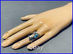 Outstanding Vintage Navajo Blue Gem Turquoise Sterling Silver Feather Ring