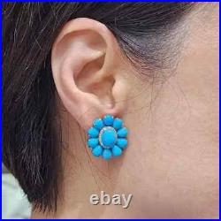 Oval Turquoise Floral Design Statement Stud Earrings 925 Sterling Silver Jewelry