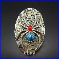 PHILANDER BEGAY Tufa Cast Sterling Silver CORAL TURQUOISE Spider Web RING sz 13