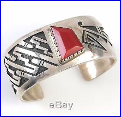 PHILBERT POSEYESVA Hopi Handmade Sterling Silver Coral Overlay Cuff Bracelet J