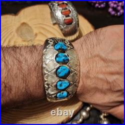 P. BENALLY Sterling Signed Navajo Indian Southwestern Silver Cuff with Turquoise