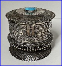 RARE Sunshine Reeves Signed Sterling Silver & Turquoise Round Jewelry Box Navajo