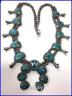 RARE VINTAGE OLD PAWN Navajo Turquoise Squash Blossom Sterling Silver Necklace