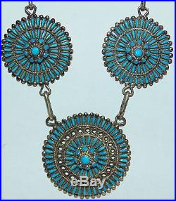 Rq Panteah Zuni Sterling Silver Petit Point Turquoise Squash Blossom Necklace