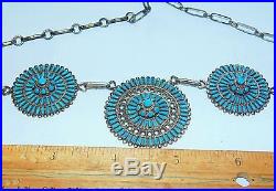 Rq Panteah Zuni Sterling Silver Petit Point Turquoise Squash Blossom Necklace