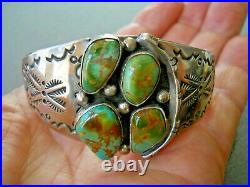 R J APACHETO Native American Royston Turquoise Cluster Sterling Silver Bracelet