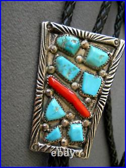 R NASTACIO Native American Zuni Turquoise Cluster Coral Sterling Silver Bolo Tie