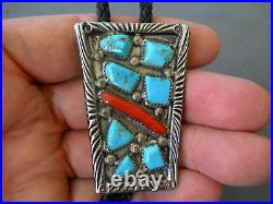 R NASTACIO Native American Zuni Turquoise Cluster Coral Sterling Silver Bolo Tie