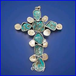 Rare Huge 5' Natural Native American Sterling Silver & Turquoise Stones Cross Rare Huge 5' Natural Native American Sterling Silver & Turquoise Stones Cross