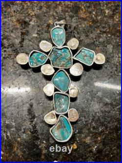 Rare Huge 5' Natural Native American Sterling Silver & Turquoise Stones Cross Rare Huge 5' Natural Native American Sterling Silver & Turquoise Stones Cross